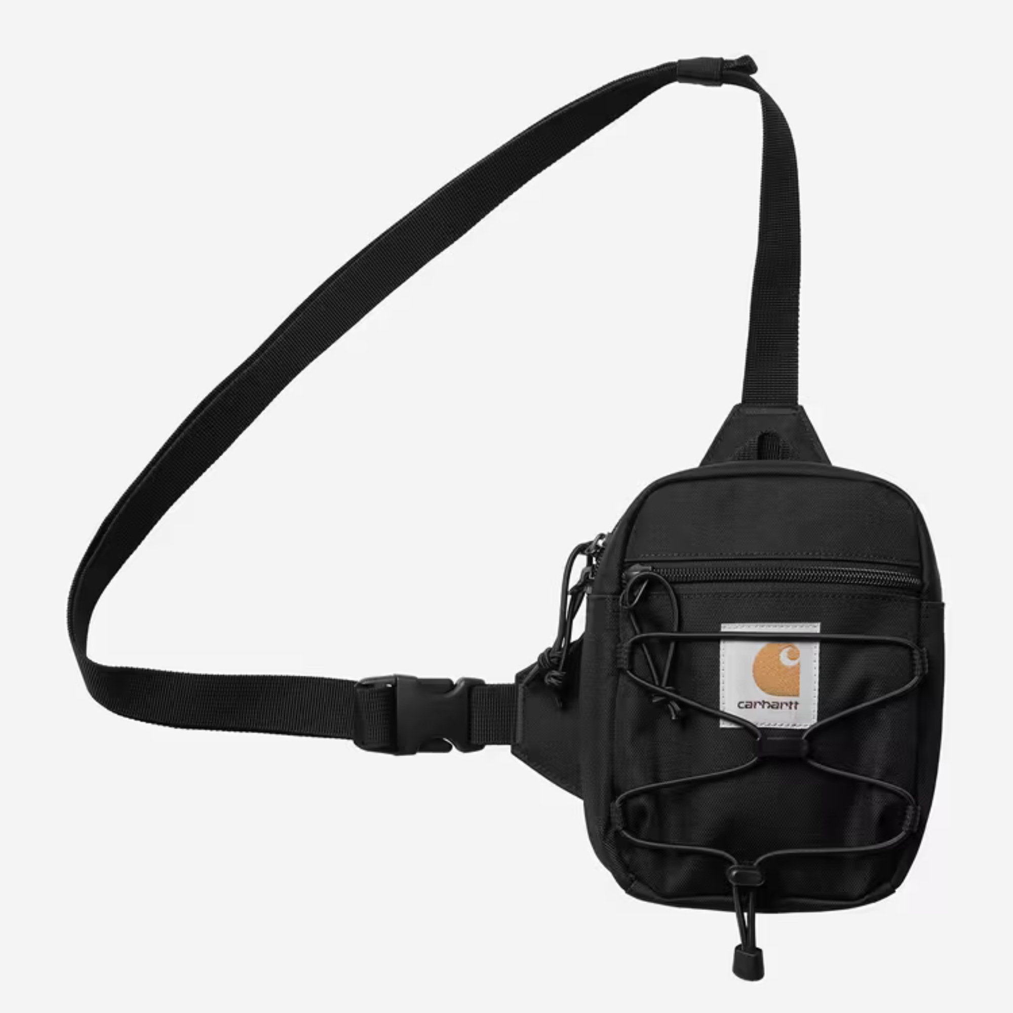 Sacoche Kickflip Carhartt WIP noire, cordon élastique en façade et Square Label, bandoulière déployée
