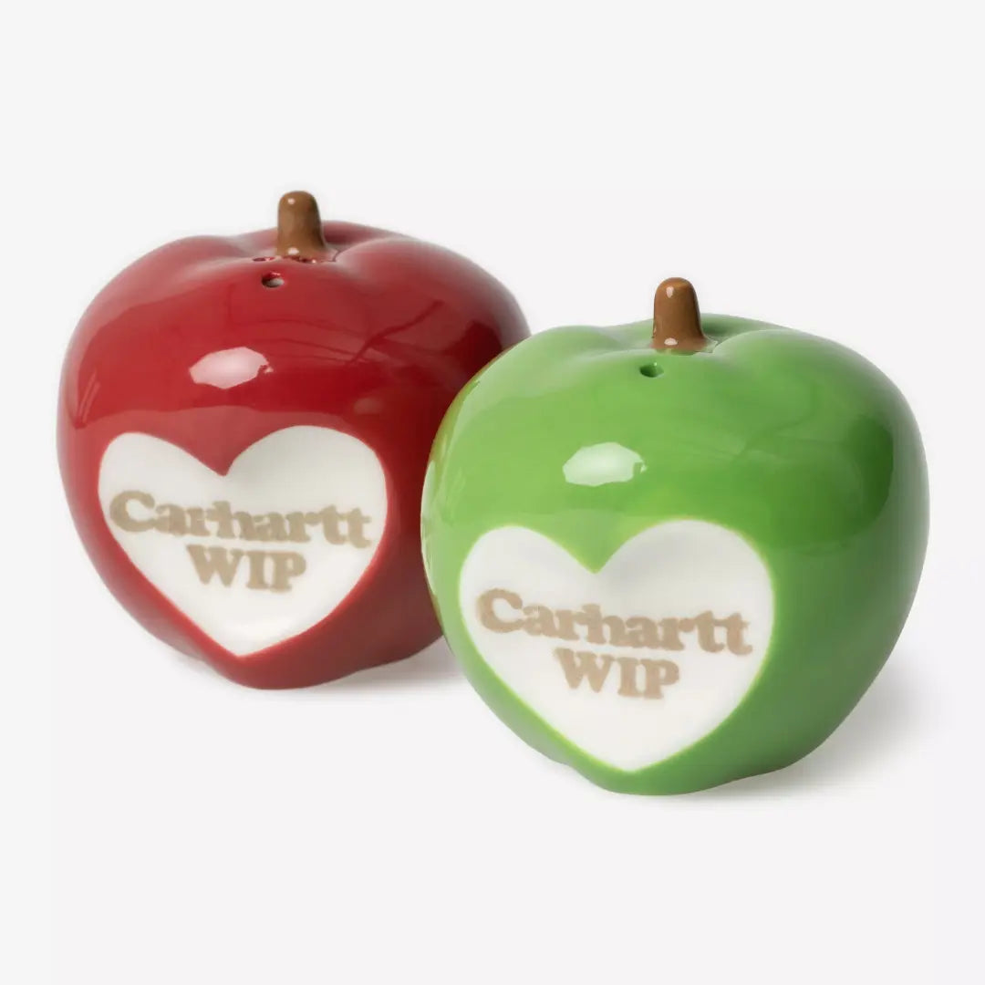 Salière et poivrière en céramique émaillée en forme de pommes rouge et verte, coeur blanc lettré