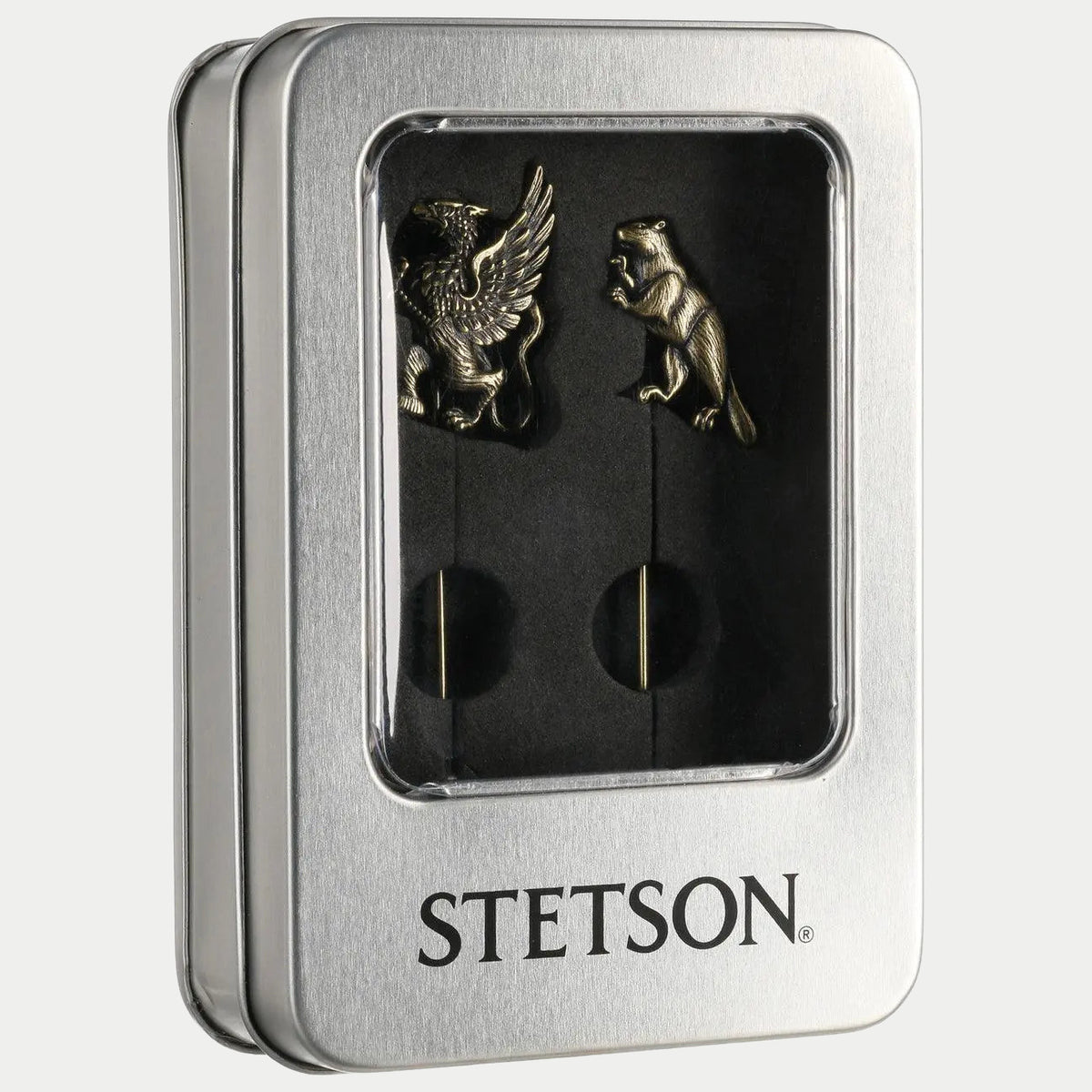 Boîte métal Stetson à fenêtre présentant les deux épingles à chapeau