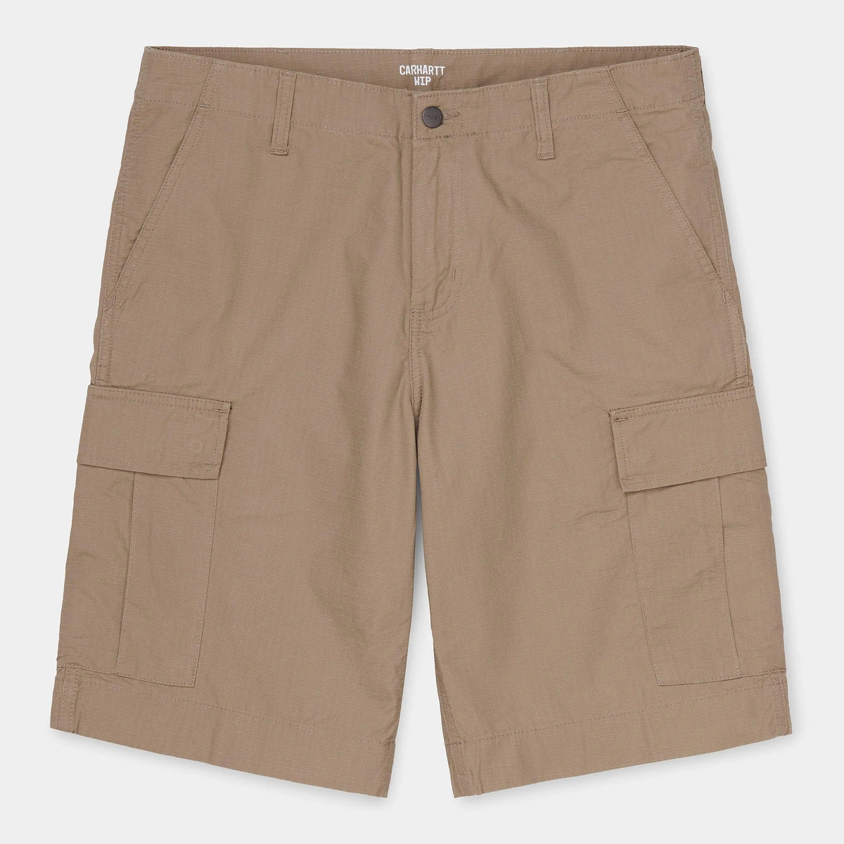 Short Cargo Leather Rinsed de face à plat, ripstop beige rincé, braguette zippée et ceinture intérieure griffée