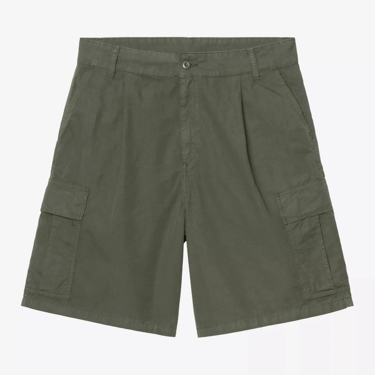 Short Cole Cargo en toile kaki olive, pli marqué devant, poches cargo à rabat et braguette boutonnée
