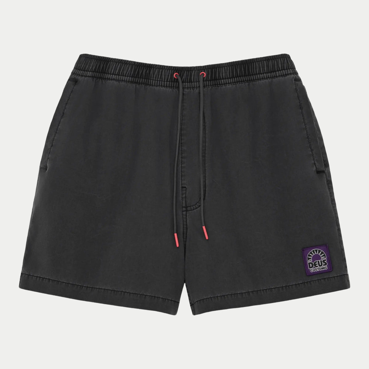 Short de Bain Sandbar gris anthracite délavé, cordon à embouts rouges et patch violet Deus Customs