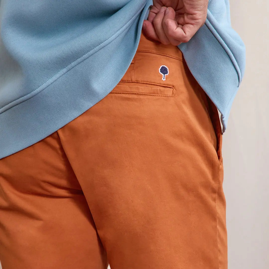 Gros plan porté sur la taille du short Saulieu brique et sa broderie arbre bleu marine