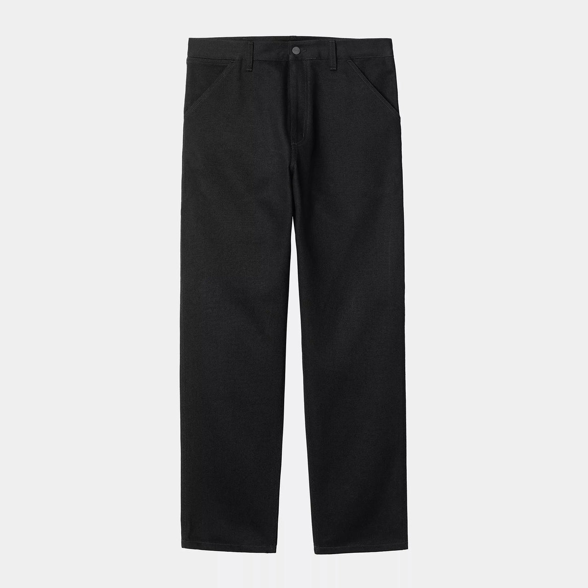 Single Knee Pant Noir Rinsed à plat de face, poches avant biaises et ceinture à passants sur denim noir mat