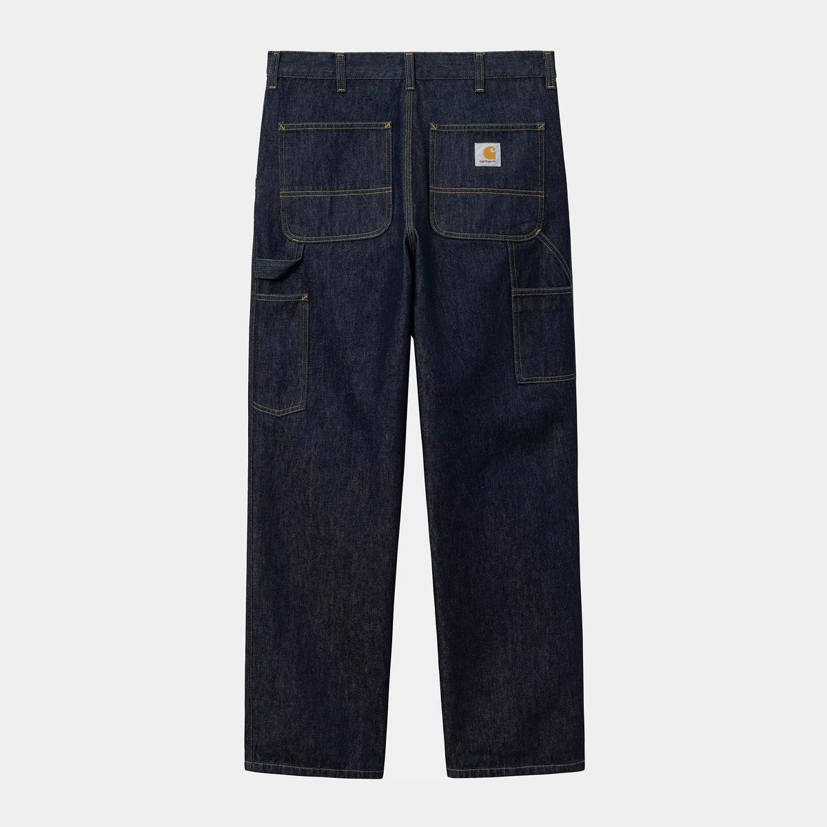 Dos à plat du Single Knee Pant Blue Rinsed, Square Label, passant à outils et poche règle plaquée sur la jambe