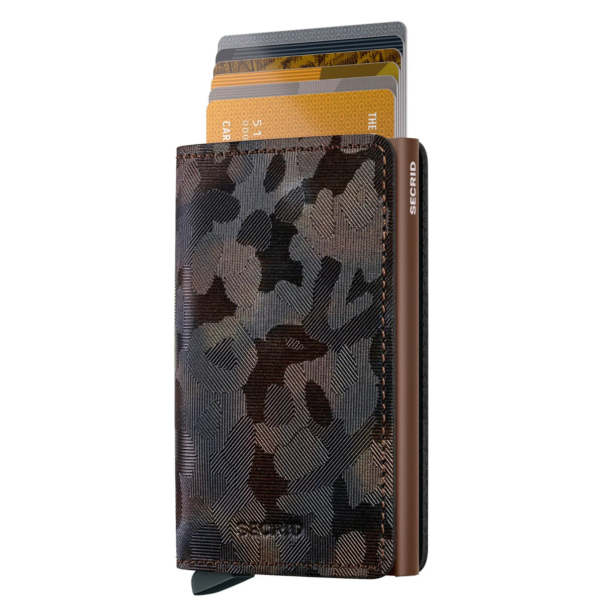 Cartes éjectées en éventail par le haut du portefeuille camouflage brun