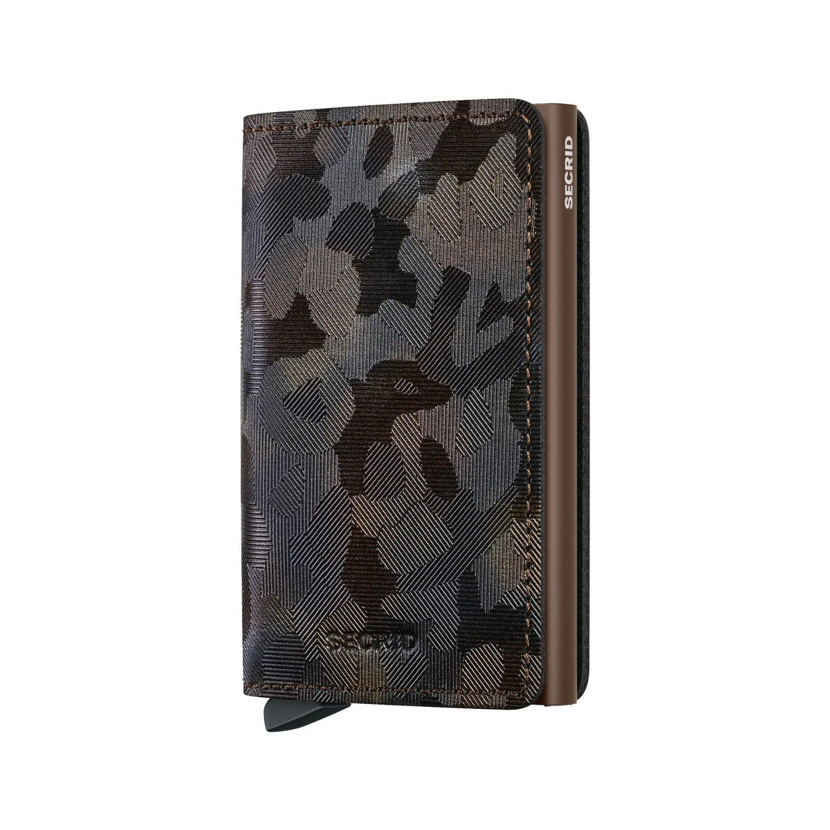 Portefeuille plat à motif camouflage brun et kaki debout de face, boîtier bronze sur le côté
