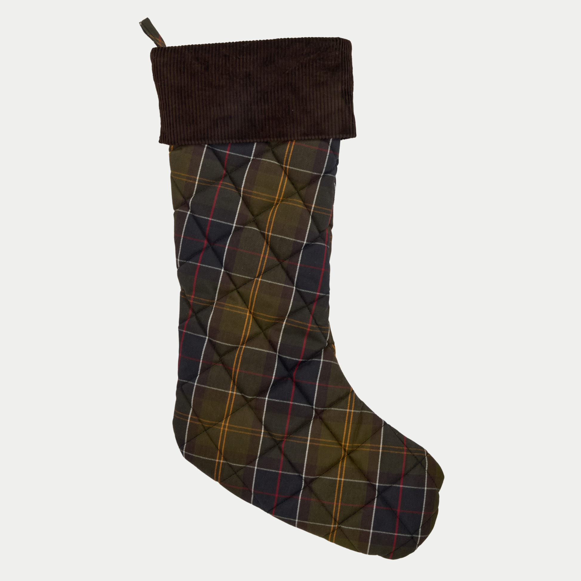 Chaussette de Noël Barbour tartan olive, vue de l'autre face, boucle d'accroche en tartan au-dessus du revers en velours brun