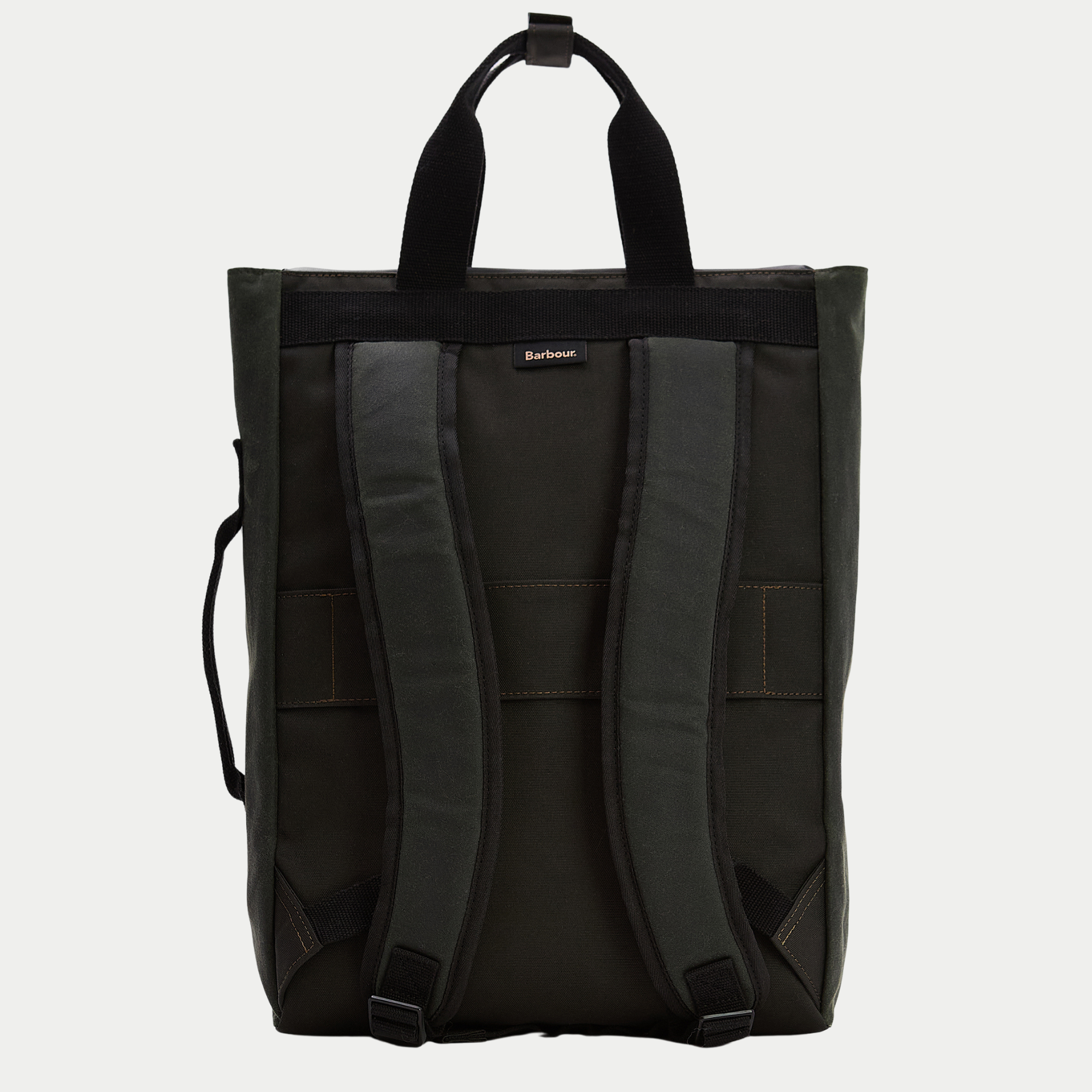 Dos du sac à dos Barbour Field Wax Sage : bretelles rembourrées réglables et panneau dorsal