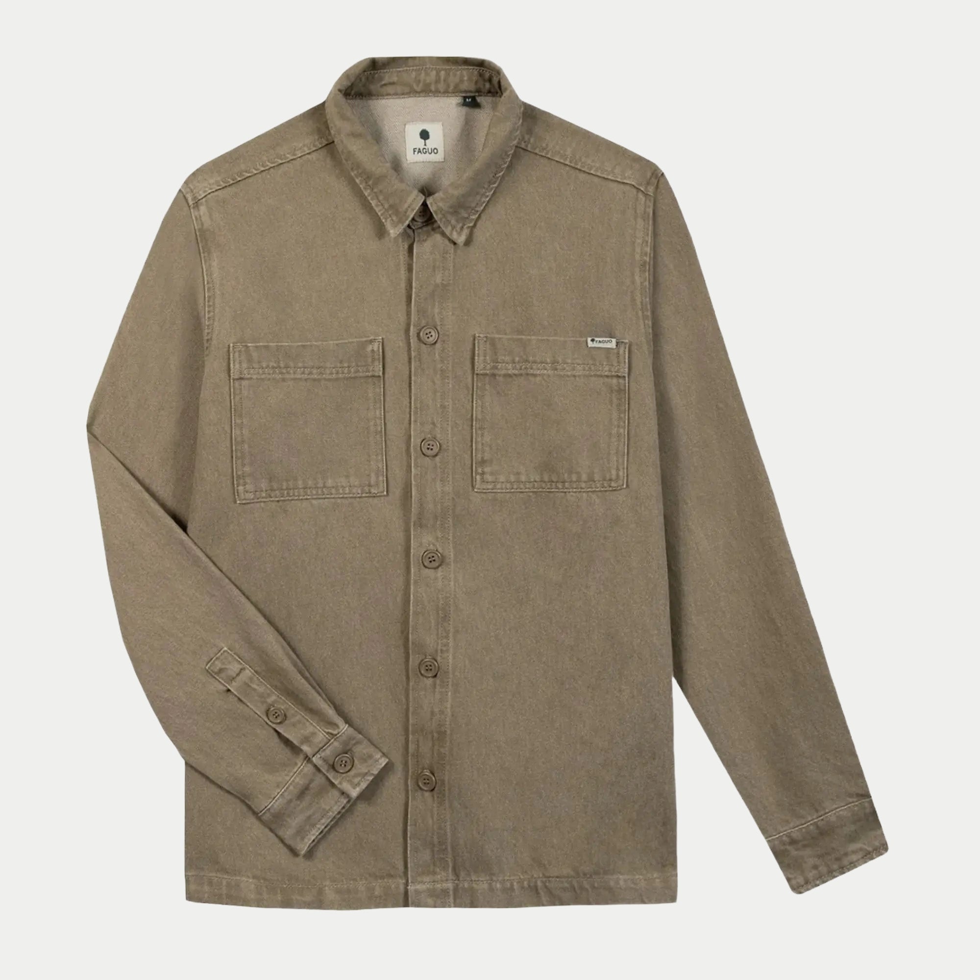 Surchemise Clemont Sable Faguo à plat de face : denim beige sable, deux poches poitrine plaquées et étiquette tissée
