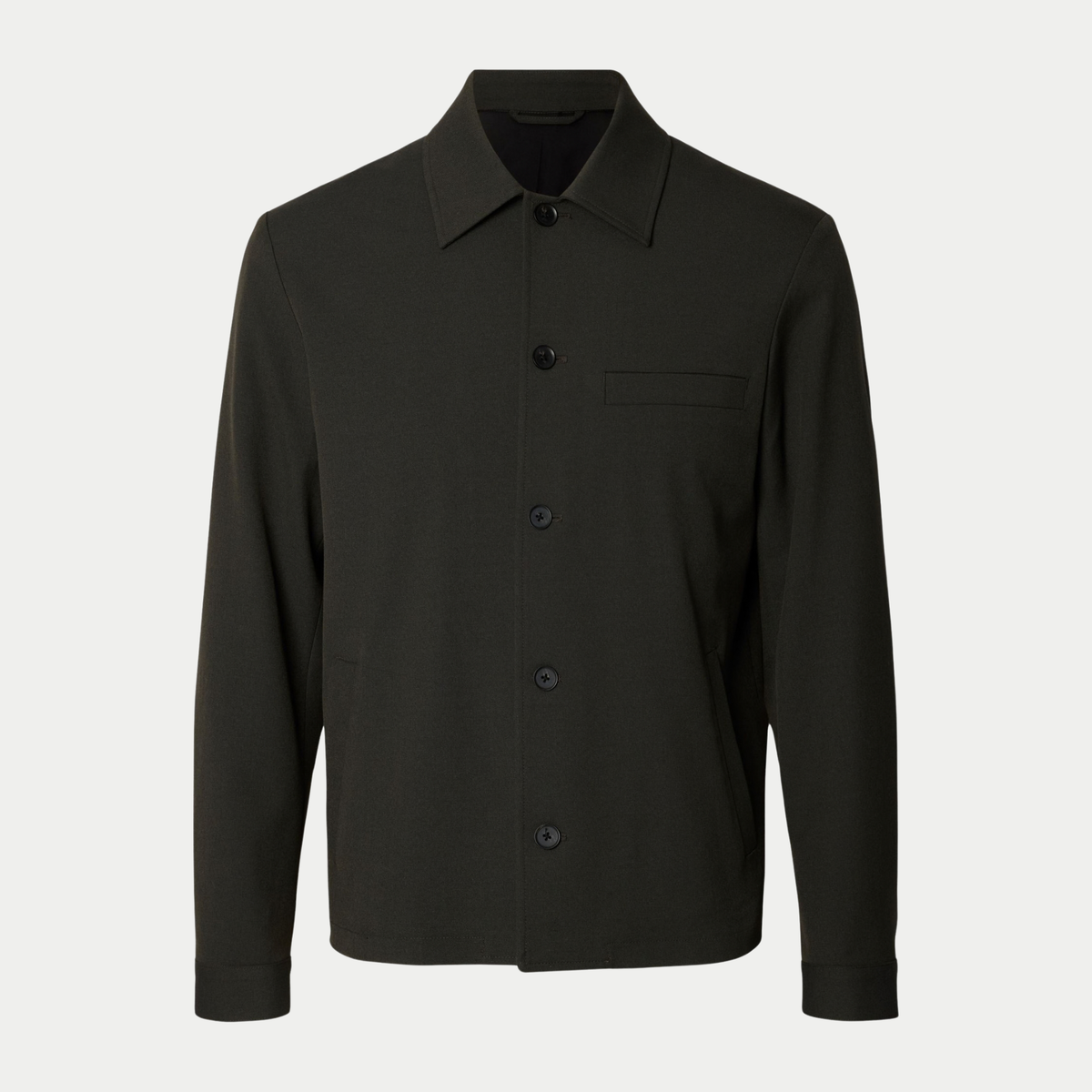 Surchemise habillée Robert Peat gris kaki foncé Selected Homme - vue de face à plat, patte boutonnée et poche poitrine