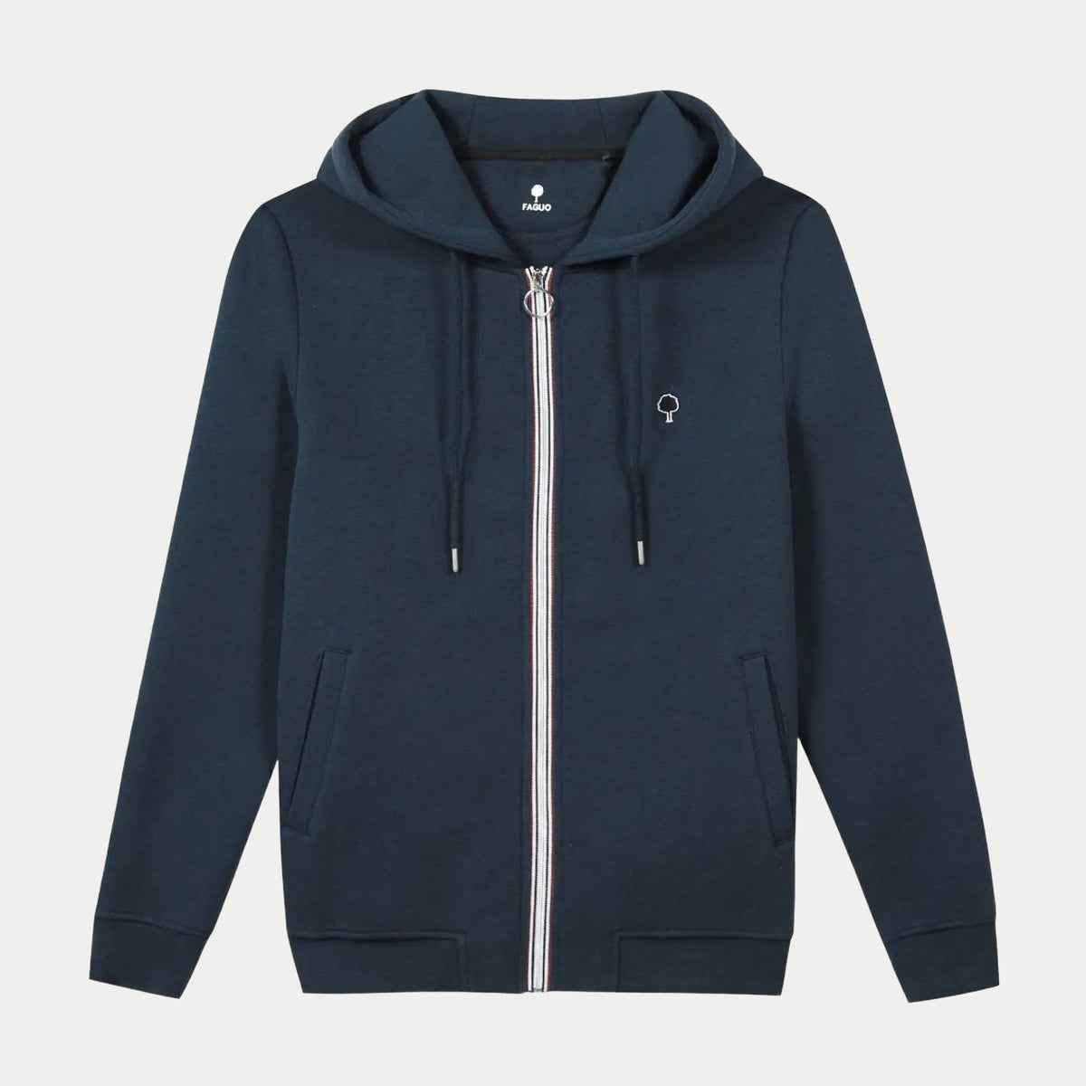 Sweat Mesnil bleu marine zippé à capuche, à plat, poches latérales et zip à anneau