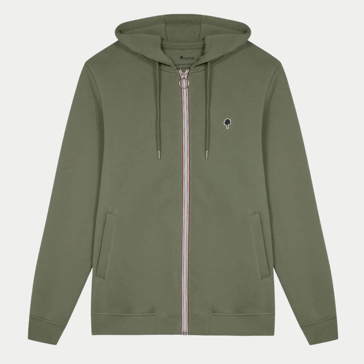 Sweat zippé à capuche vert kaki à plat, zip intégral à ruban tricolore et arbre brodé noir sur la poitrine
