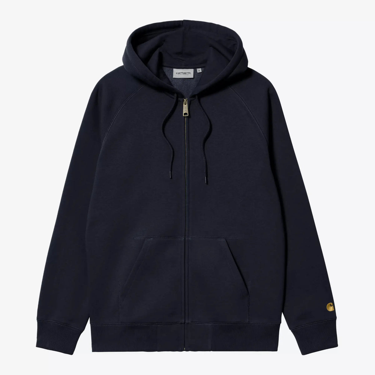 Sweat Zippé Chase Carhartt WIP Bleu Marine à plat de face, zip intégral doré, capuche à cordons, manches raglan