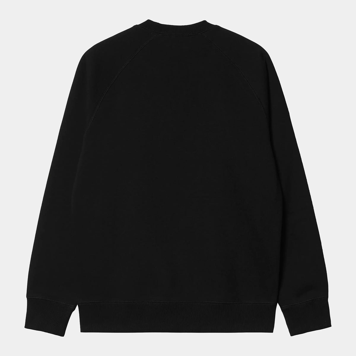 Dos à plat du sweat Chase noir, coutures raglan apparentes, bord-côtes de taille et poignets assortis au corps