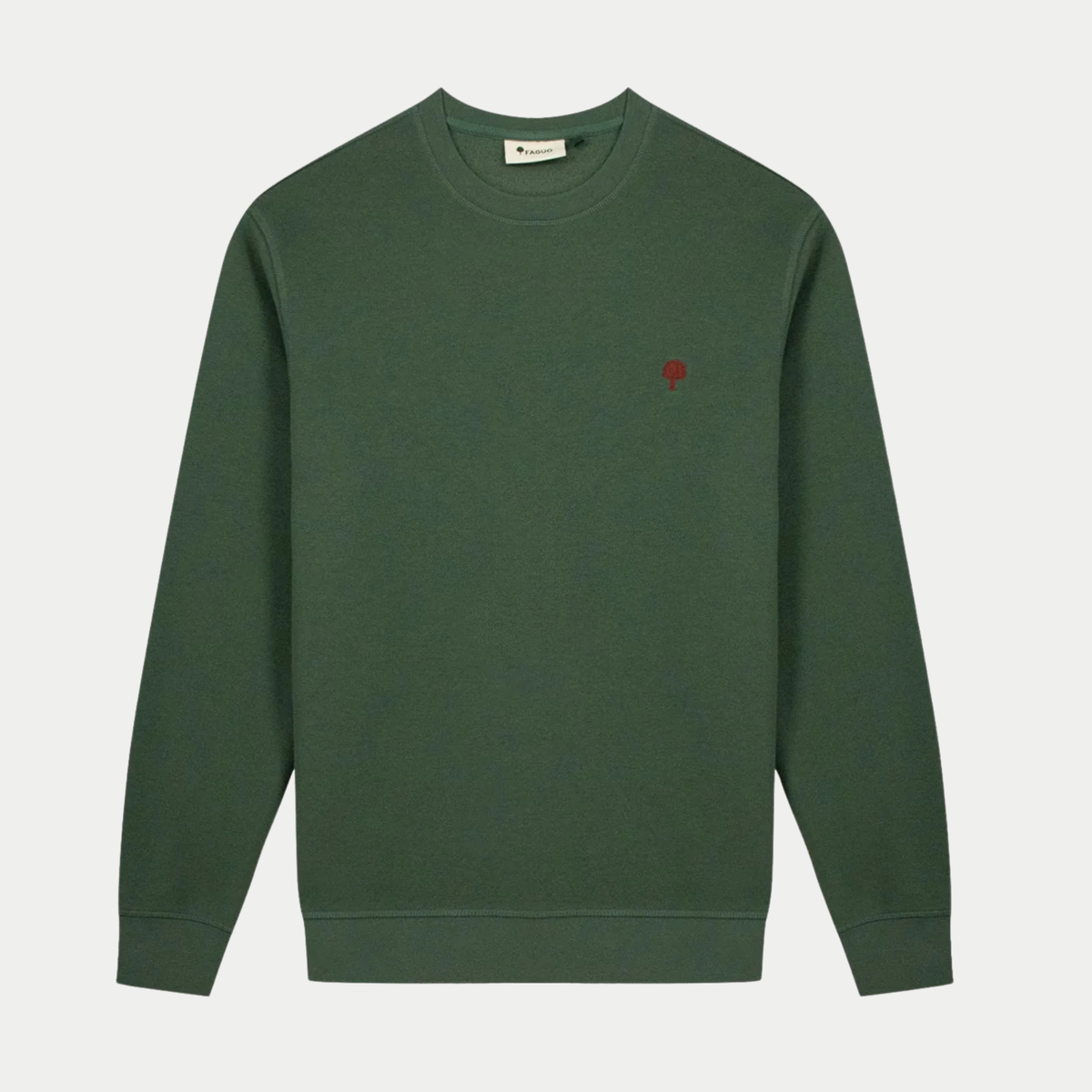 Sweat Donzy Vert Forêt Faguo à plat, vue de face : col rond et broderie arbre rouge brique