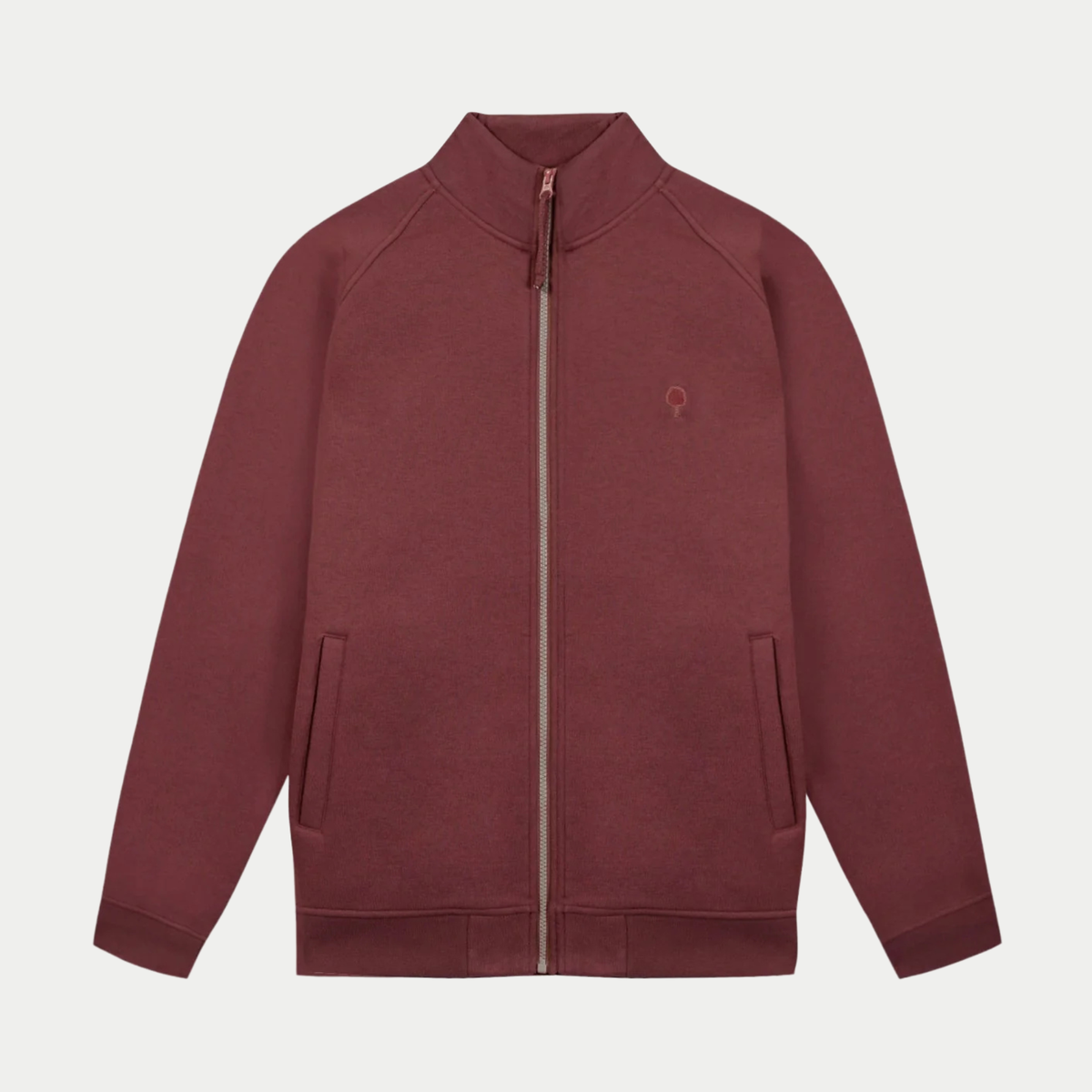 Sweat zippé Horte Bordeaux Faguo à plat de face, col montant, zip à ruban clair et arbre brodé ton sur ton