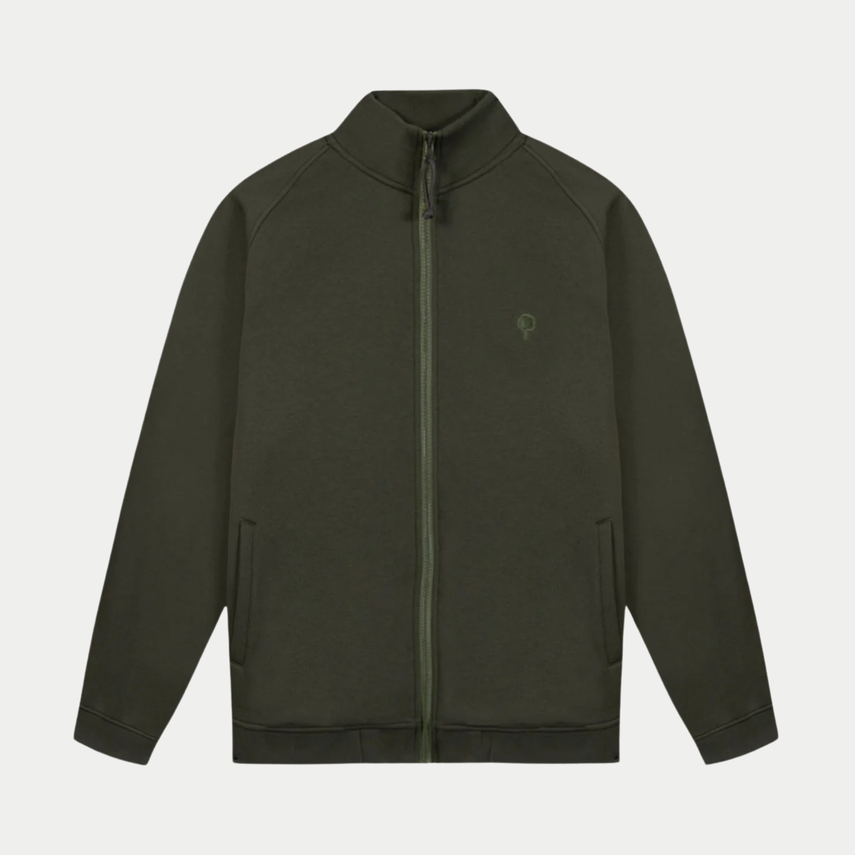 Sweat zippé Horte kaki Faguo, packshot de face : col montant, zip bicolore et broderie arbre ton sur ton