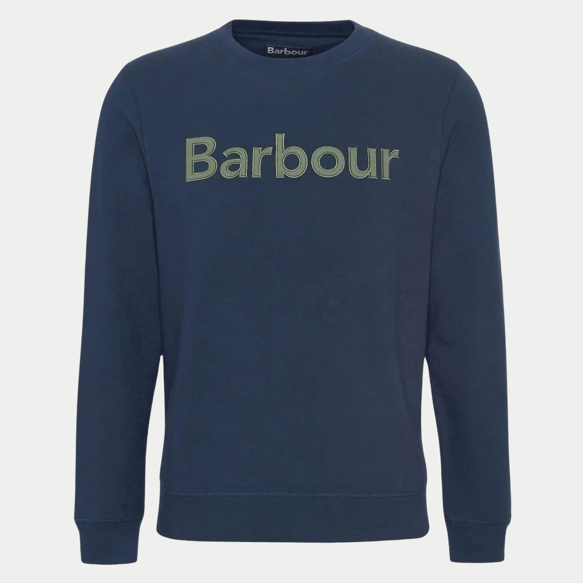 Sweat Bleu Marine à plat, large lettrage Barbour brodé vert kaki sur la poitrine