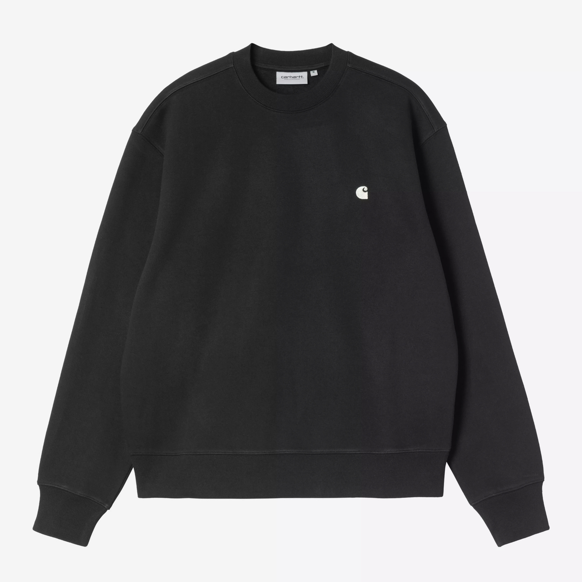 Sweat Mack Carhartt WIP noir à plat de face, col rond côtelé et 'C' Logo brodé écru sur la poitrine
