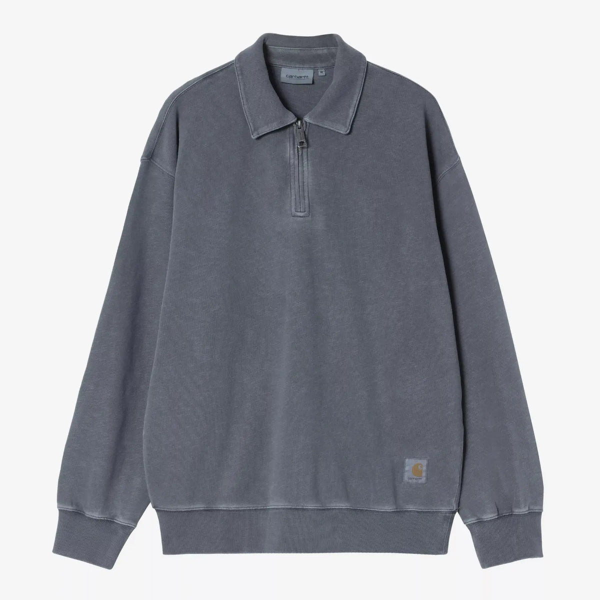 Sweat polo Harper Carhartt WIP gris ardoise à plat : col à revers, zip court et Square Label doré en bas