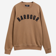 Sweat Barbour Prep Logo camel Sandstone, logo arqué en surpiqûres cornelli sur la poitrine, vue de face à plat
