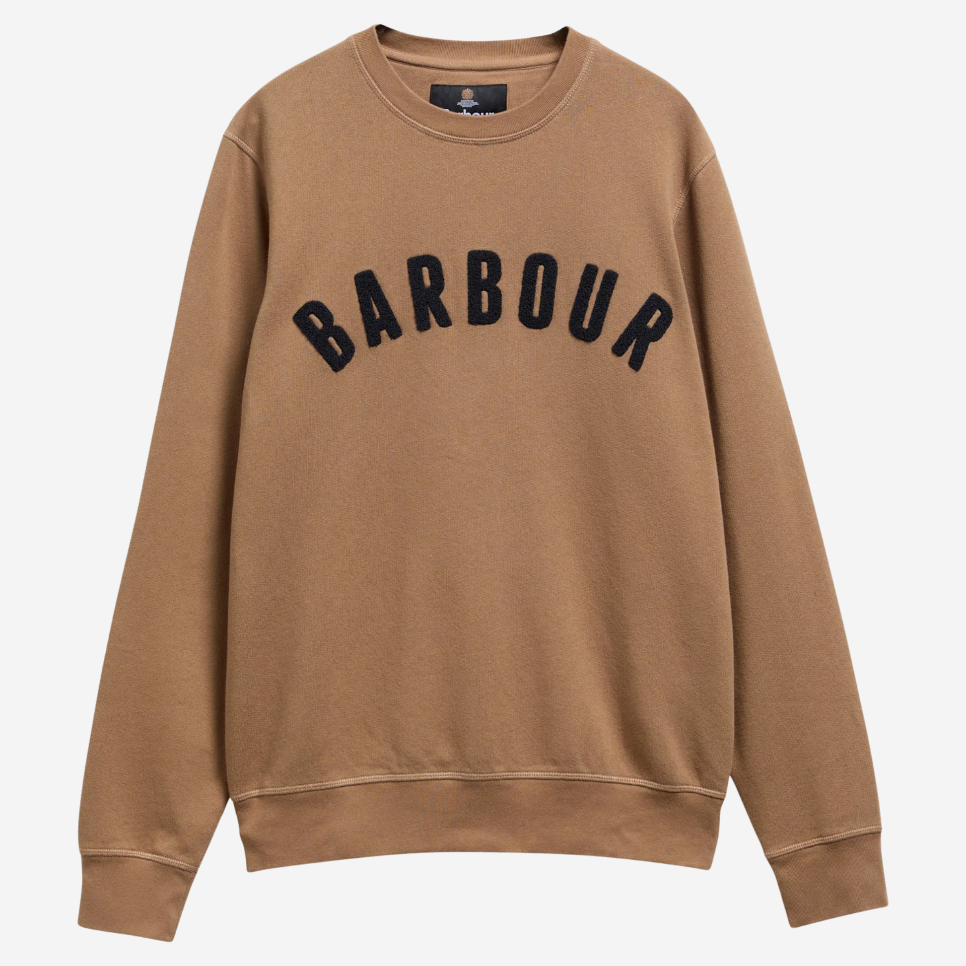 Sweat Barbour Prep Logo camel Sandstone, logo arqué en surpiqûres cornelli sur la poitrine, vue de face à plat