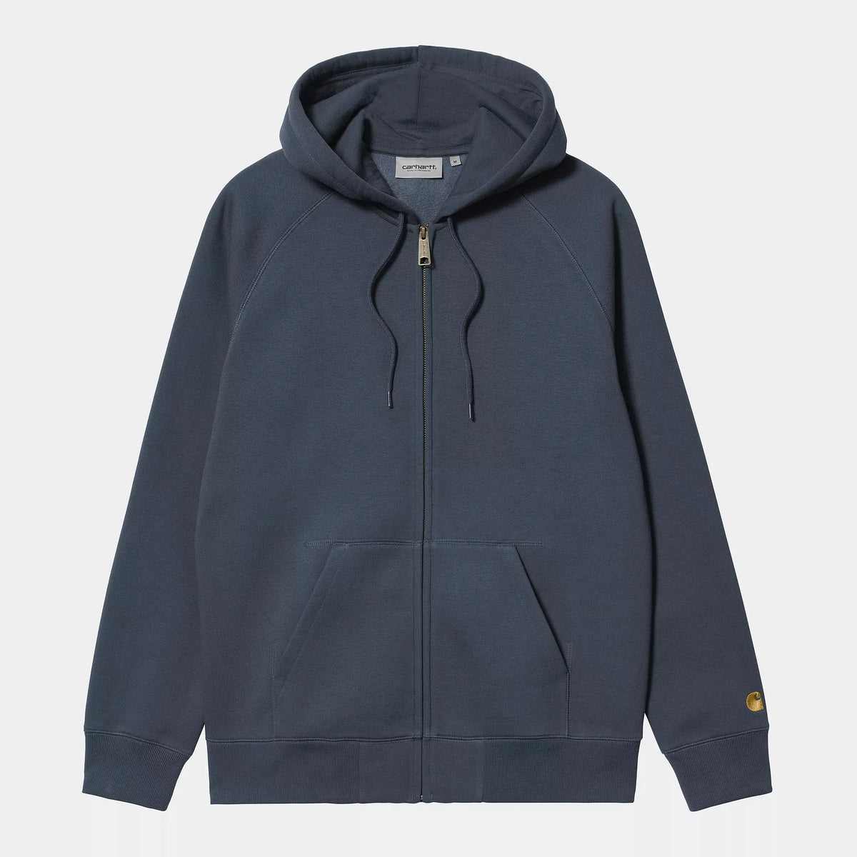 Sweat Zippé Chase Carhartt WIP Dusky Blue à plat de face, bleu ardoise grisé, zip doré intégral et cordons
