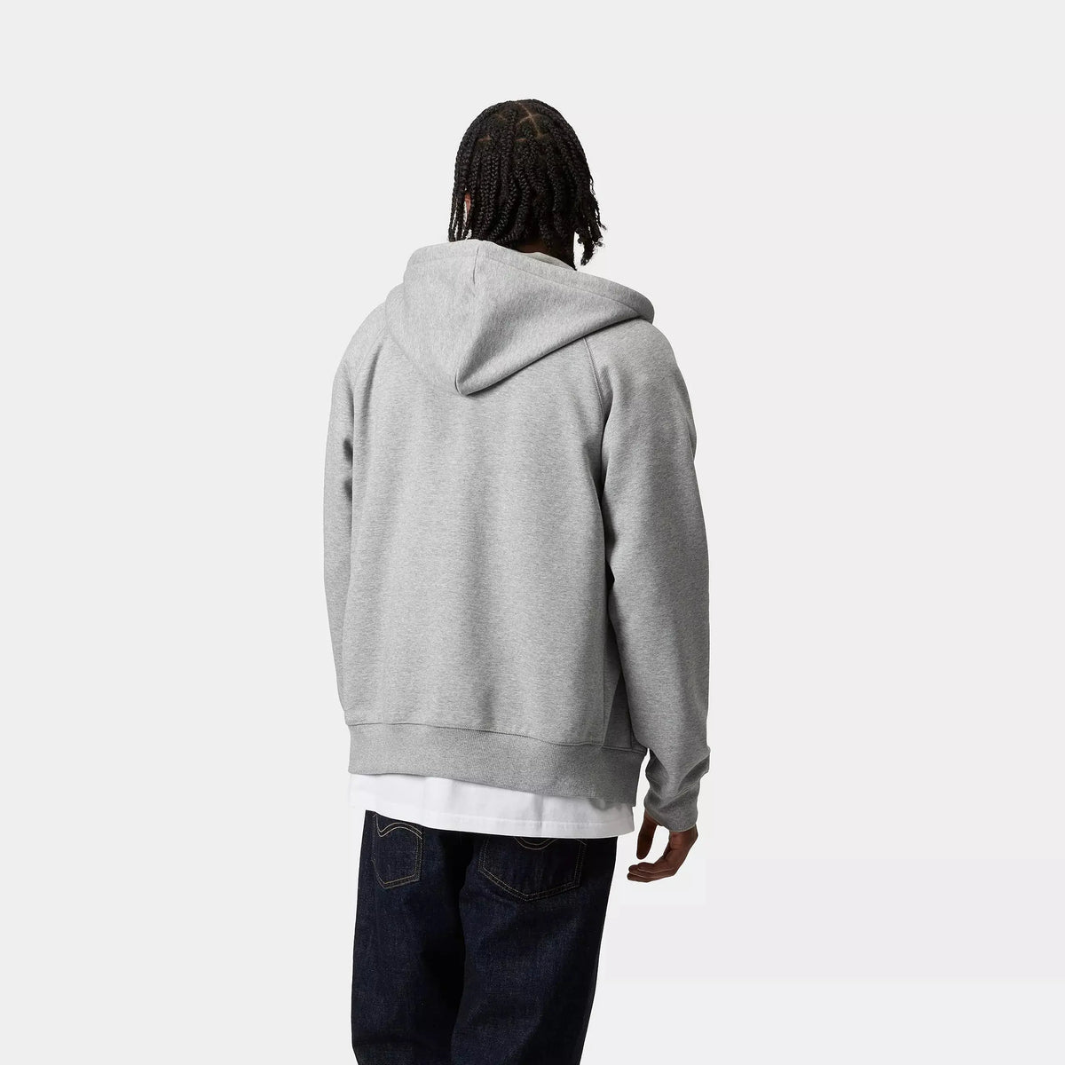 Sweat Zippé Chase Gris chiné porté de dos, capuche rabattue, bord-côte à la taille et emmanchures raglan
