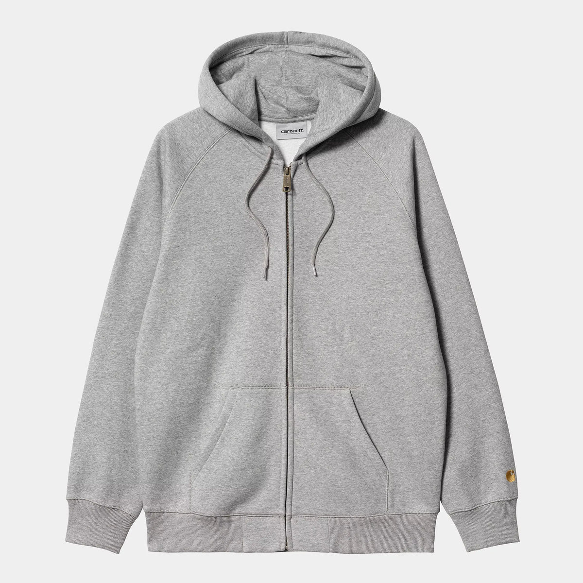 Sweat Zippé Chase Carhartt WIP Gris chiné à plat de face, zip intégral doré et capuche à cordons ton sur ton