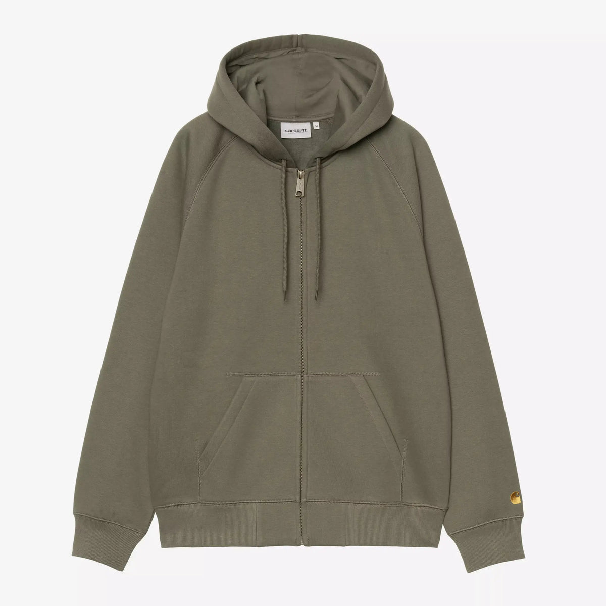 Sweat Zippé Chase Carhartt WIP Leaf à plat de face, kaki grisé, zip doré intégral et cordons ton sur ton