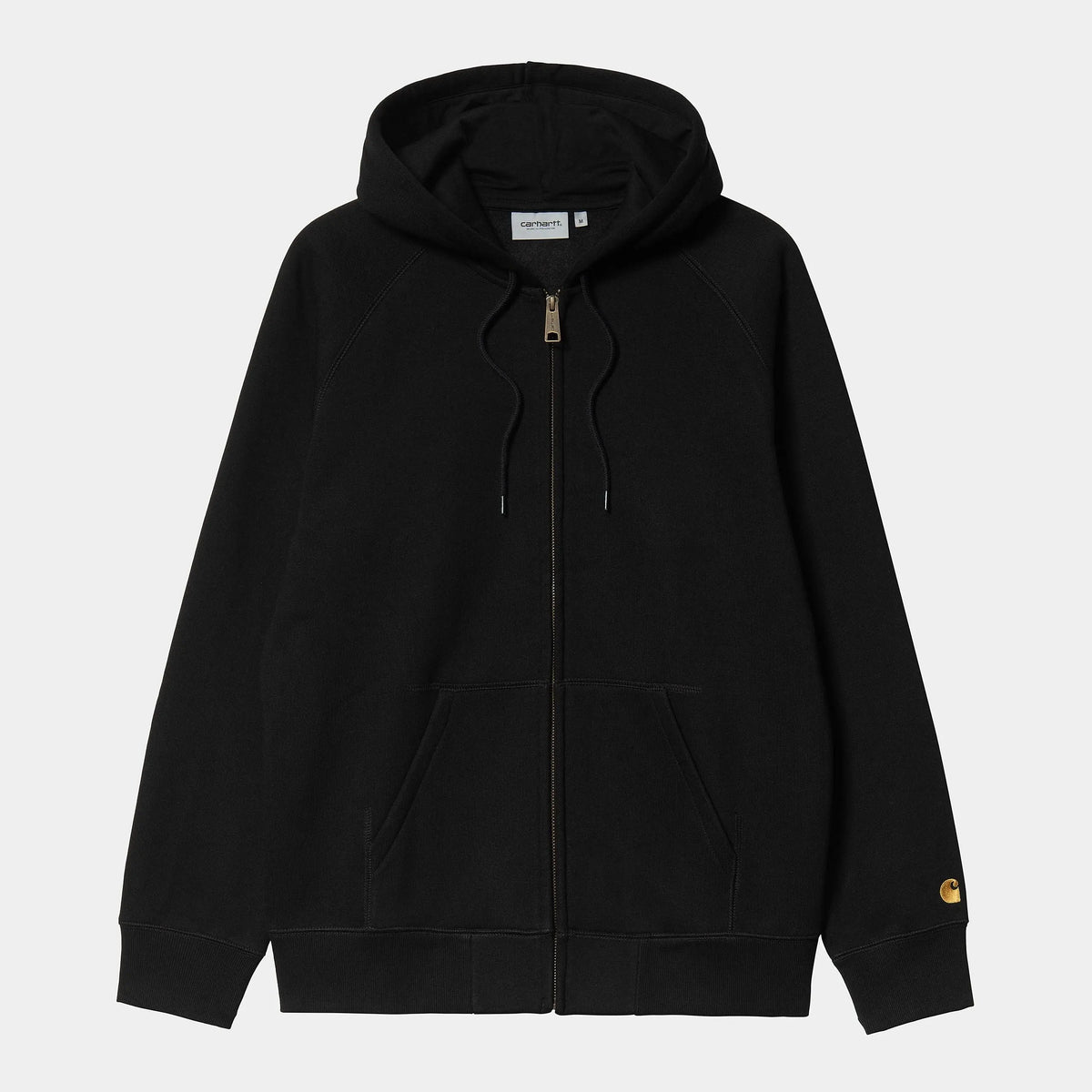 Sweat Zippé Chase Carhartt WIP Noir à plat de face, zip intégral doré, capuche à cordons et poches ventrales