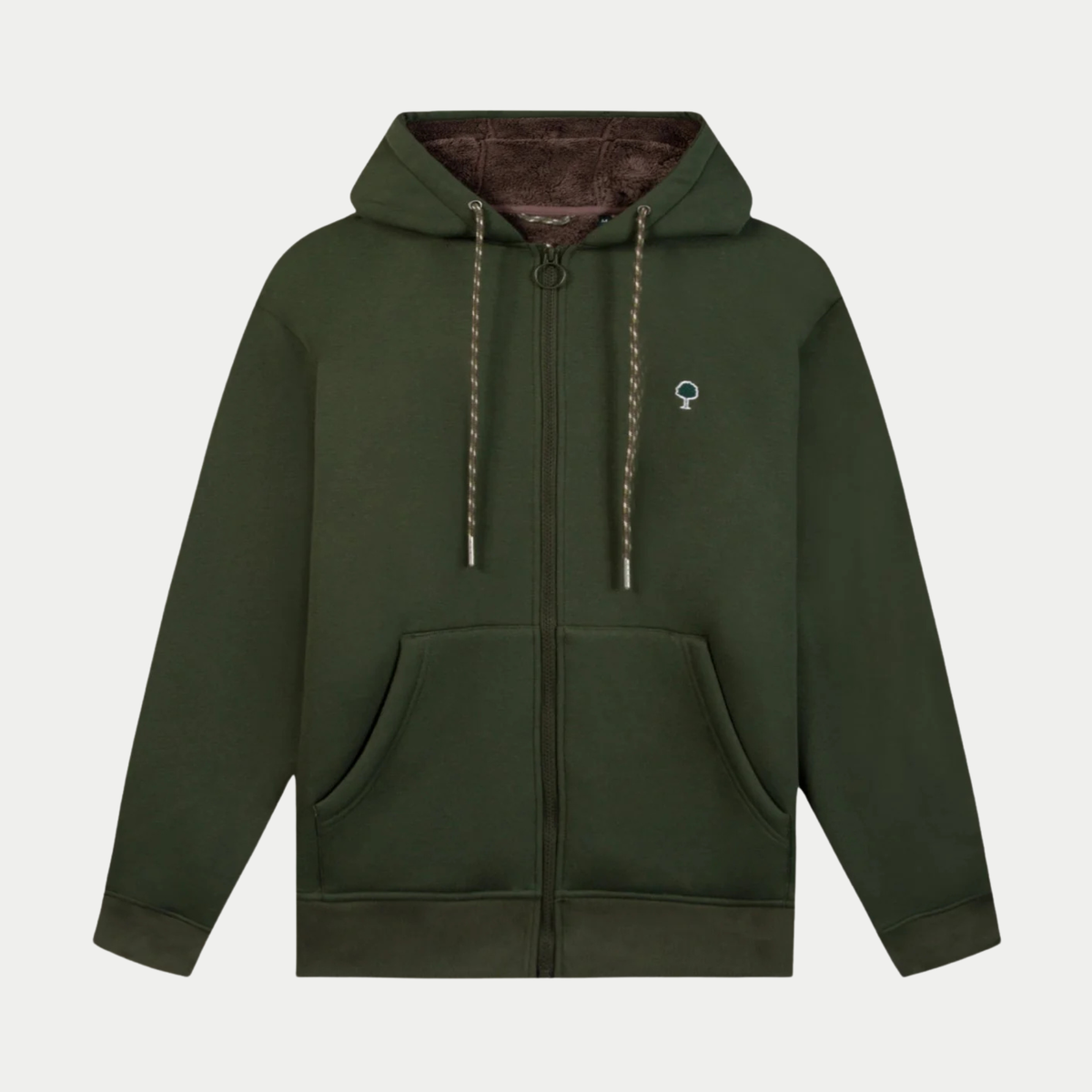 Sweat zippé Meygal kaki Faguo à plat, capuche doublée sherpa brun, cordons tressés et poches avant