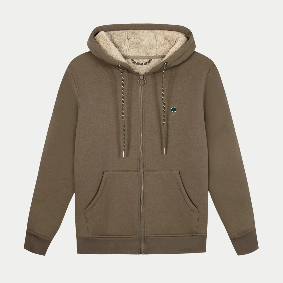 Sweat zippé Meygal marron Faguo à plat, capuche doublée sherpa écru, cordons tressés et poches avant