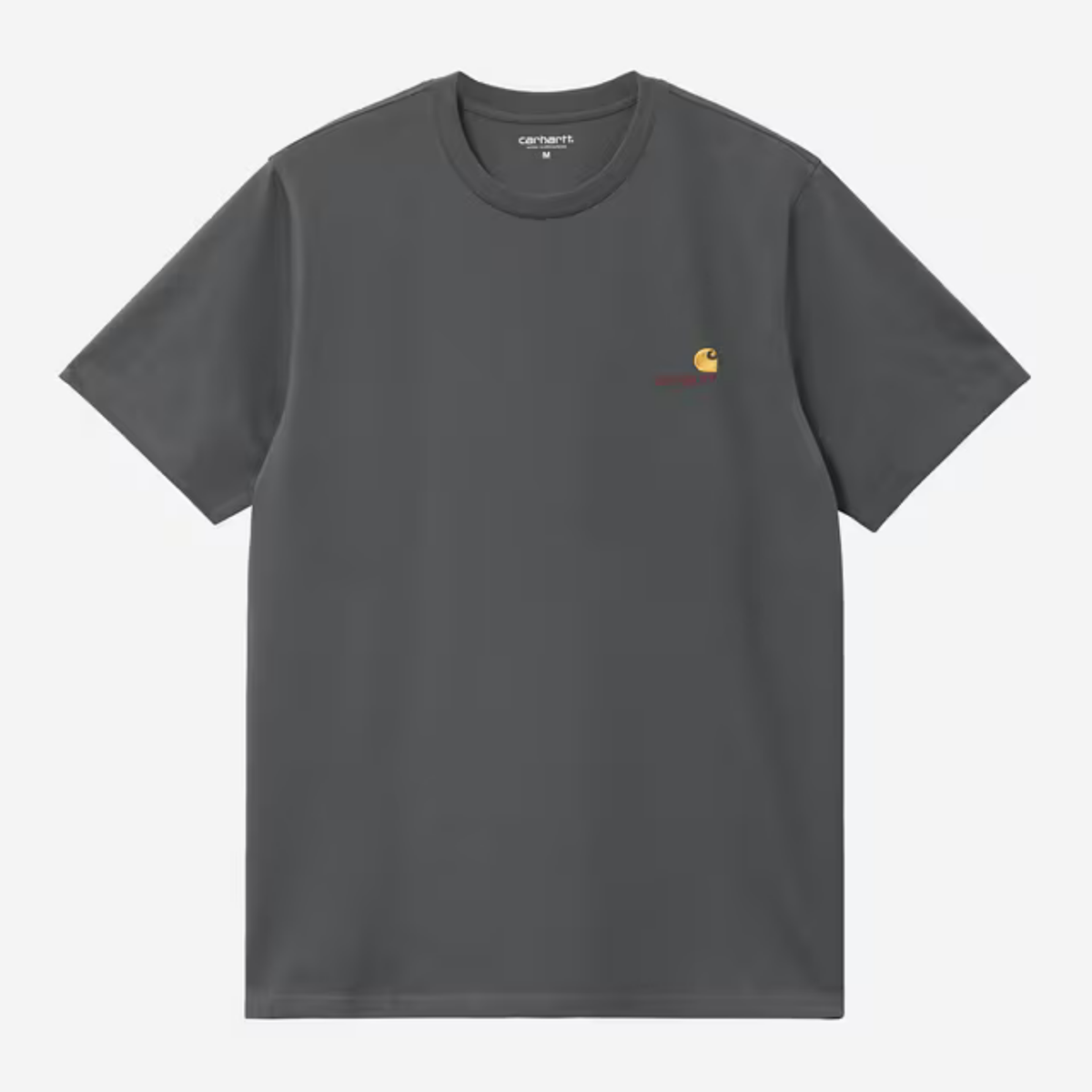 T-shirt American Script Carhartt WIP gris graphite, à plat de face, logo brodé rouge et jaune