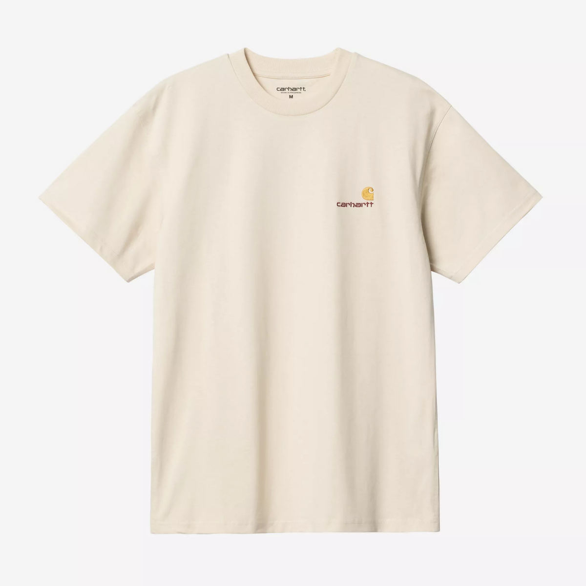 T-shirt American Script Carhartt WIP écru, à plat de face, logo brodé bicolore bordeaux et jaune