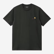 T-shirt American Script Carhartt WIP vert foncé, à plat de face, logo brodé bicolore rouge et jaune