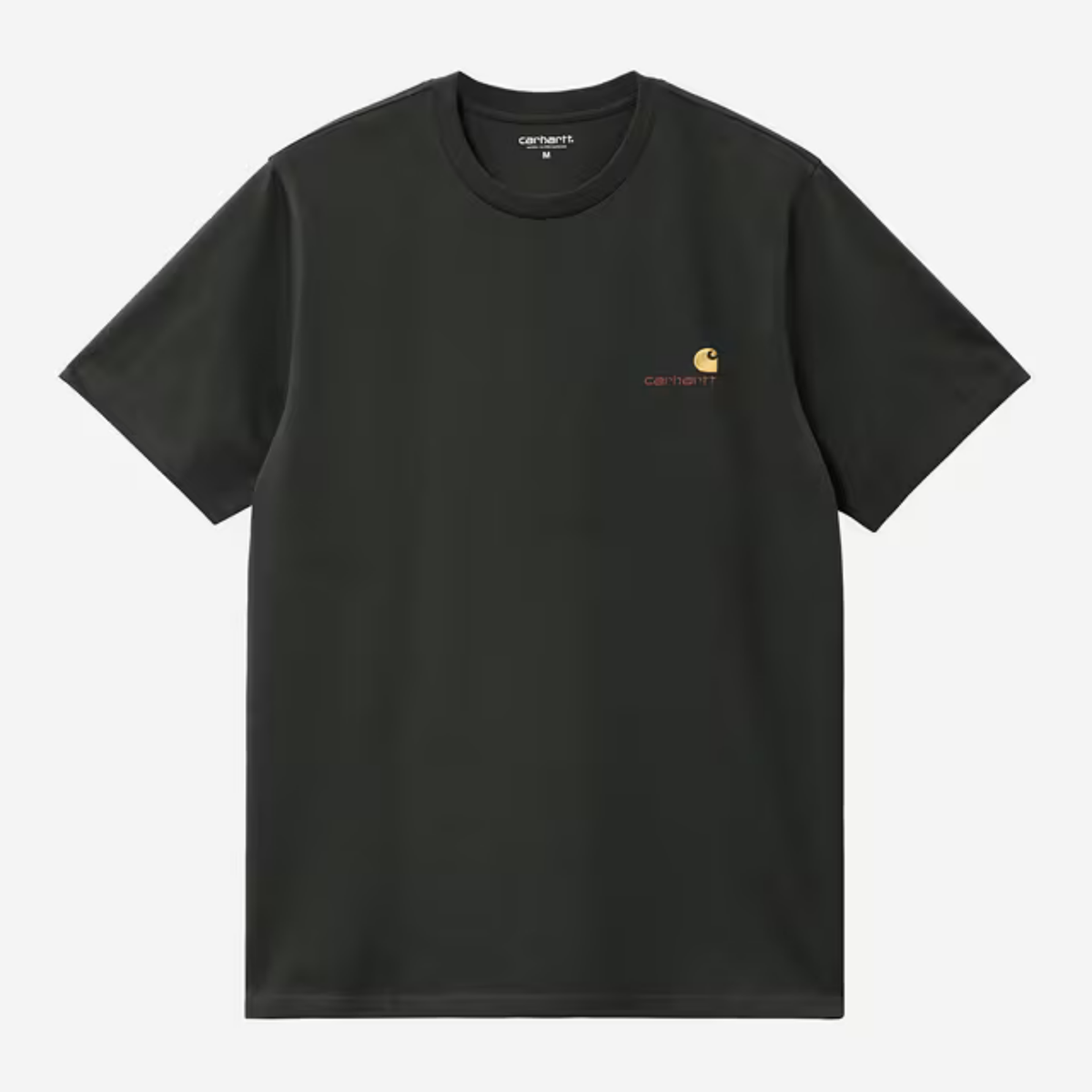T-shirt American Script Carhartt WIP vert foncé, à plat de face, logo brodé bicolore rouge et jaune