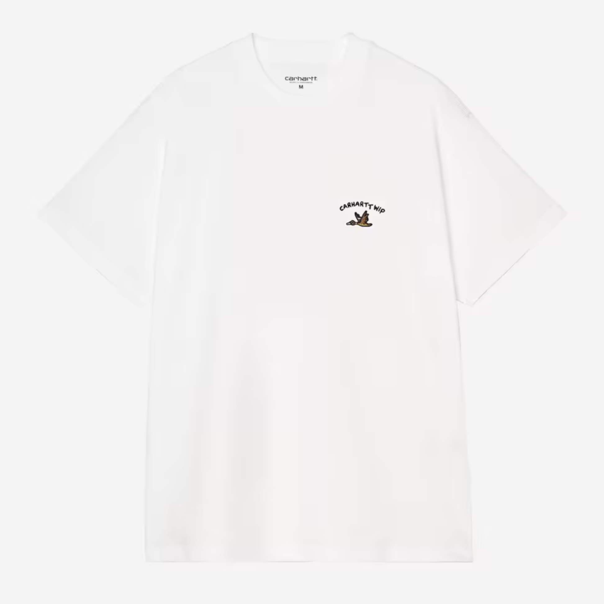 T-shirt Animated Ducks blanc Carhartt WIP à plat, canard colvert brodé sous le lettrage arqué sur la poitrine