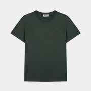 T-shirt Arcy Faguo vert foncé à plat de face, arbre brodé bordeaux sur la poitrine