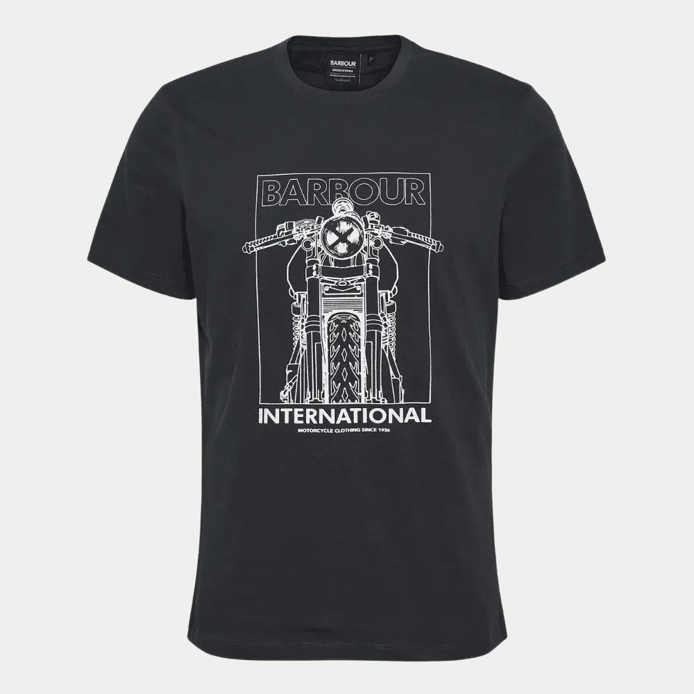 T-shirt Brett noir, print moto au trait blanc encadré et lettrage Barbour International