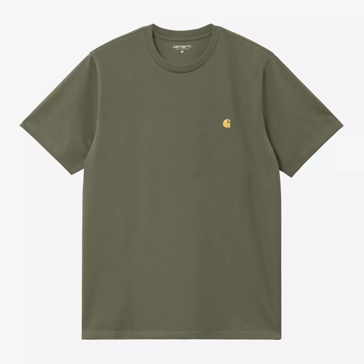 T-shirt Chase Carhartt WIP kaki Leaf à plat de face, col rond côtelé et logo C brodé doré sur la poitrine