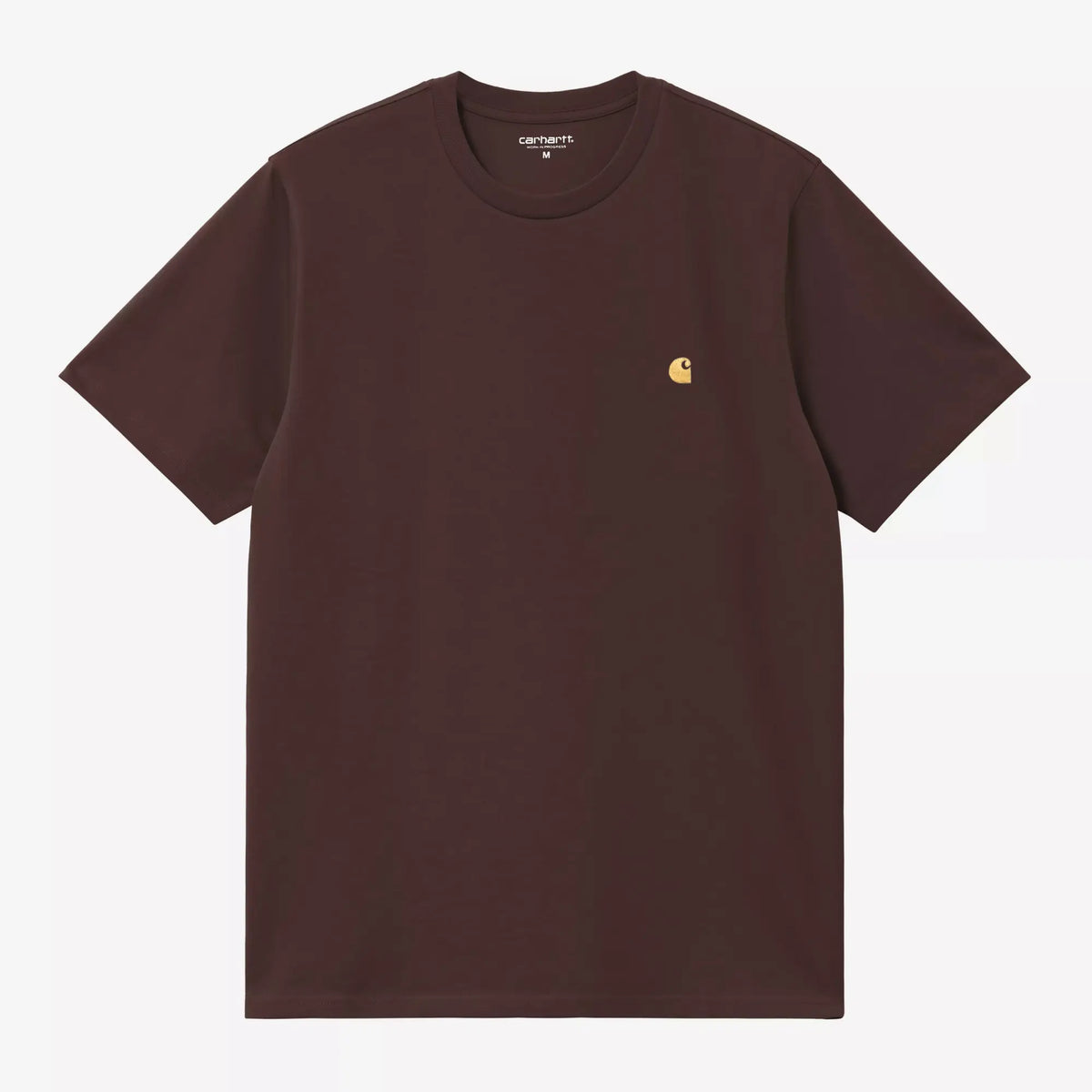 T-shirt Carhartt WIP Chase Palisander brun bordeaux, vue à plat de face, petit C brodé ocre sur la poitrine