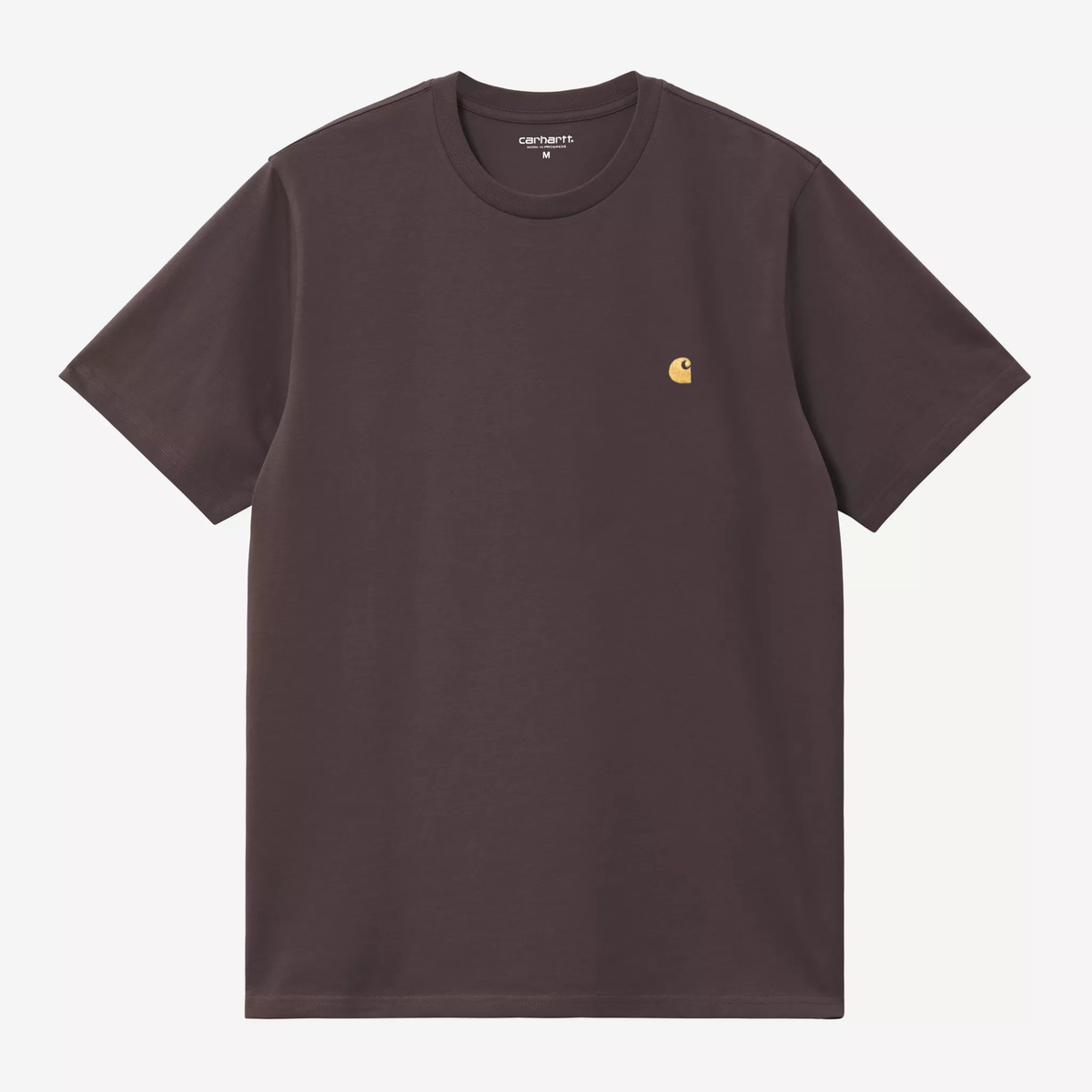 T-shirt Chase Carhartt WIP brun foncé, à plat de face, petit logo C brodé fil doré sur la poitrine gauche