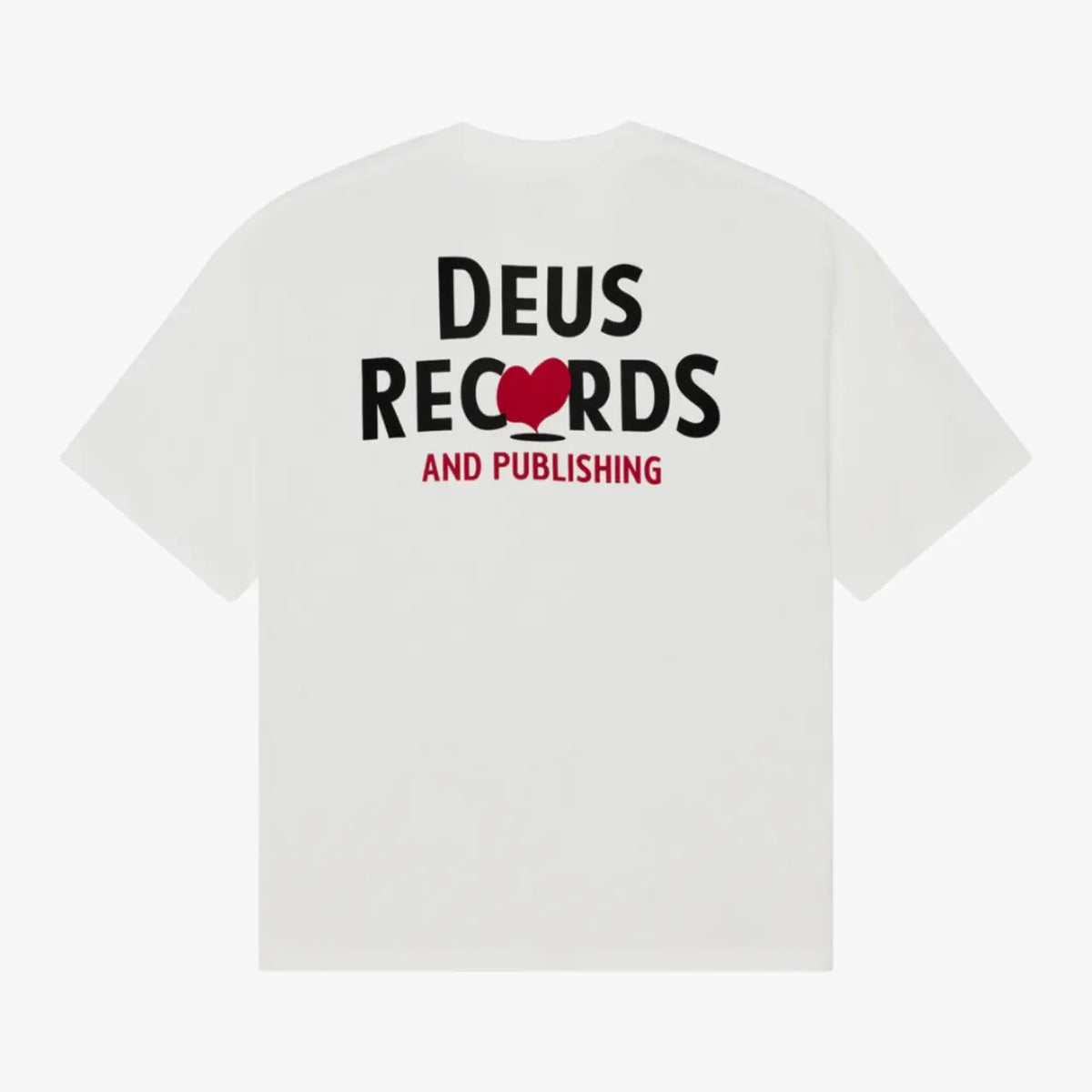 T-shirt Deep Cut blanc Deus Ex Machina, vue de dos avec le grand imprimé Deus Records and Publishing