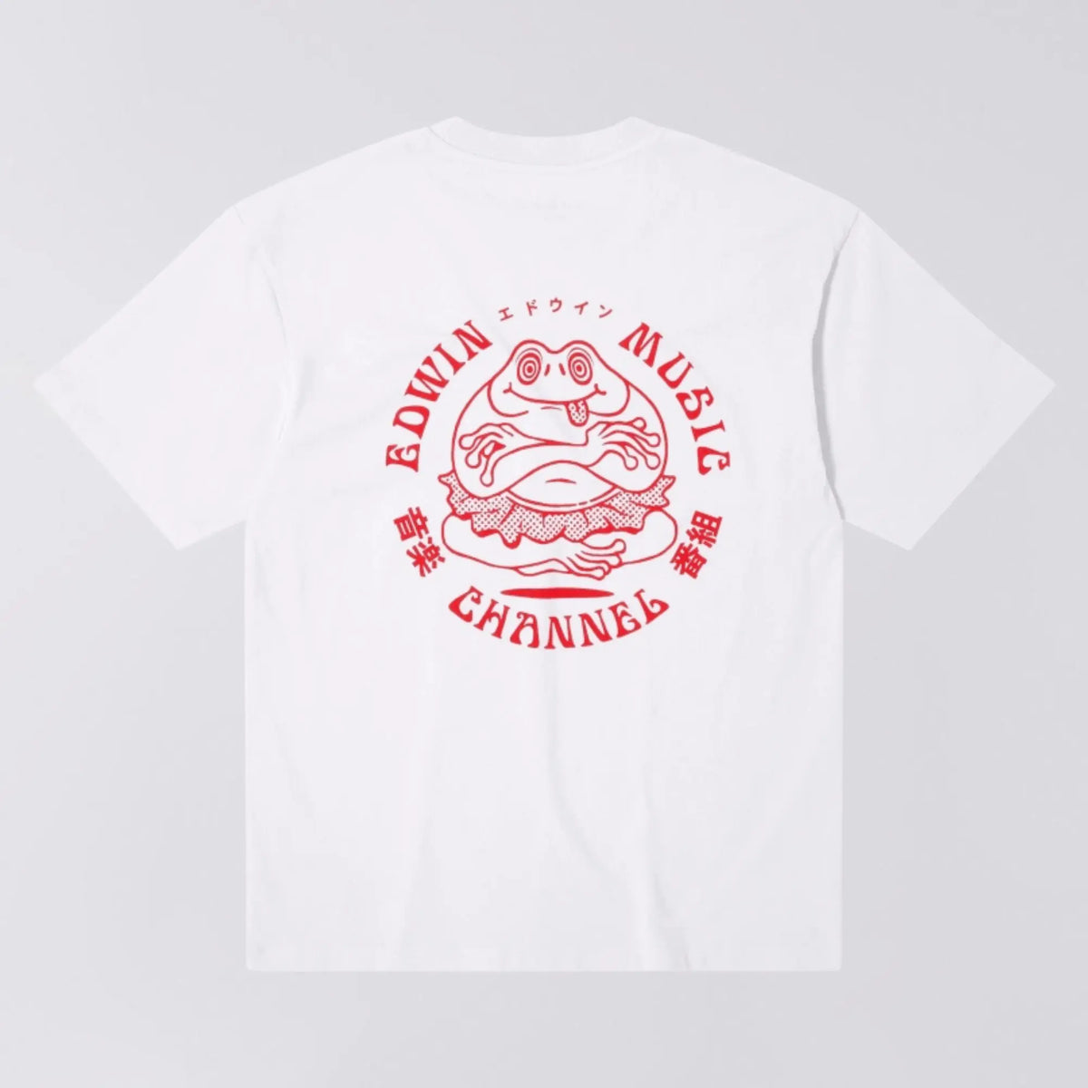 Dos du t-shirt Edwin Music Channel blanc : grande grenouille rouge cerclée du lettrage Edwin Music Channel