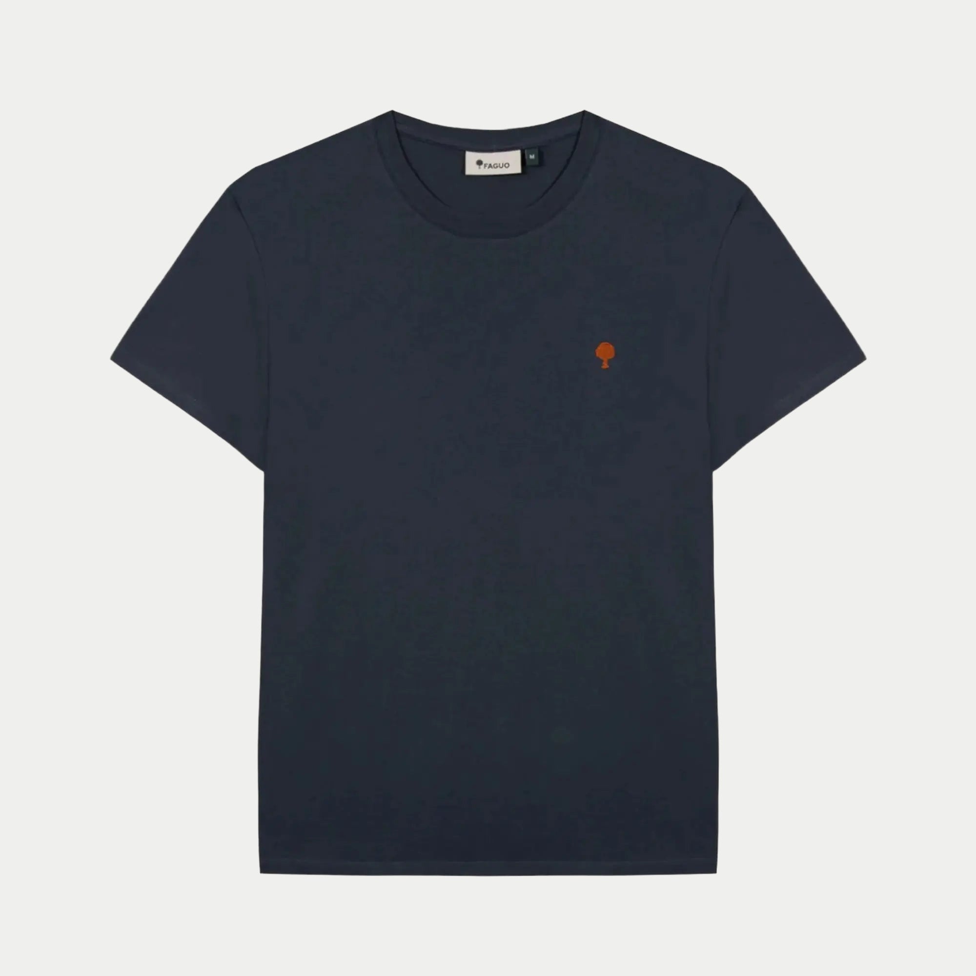 T-shirt Arcy Faguo bleu marine à plat, col rond et broderie arbre orange sur la poitrine