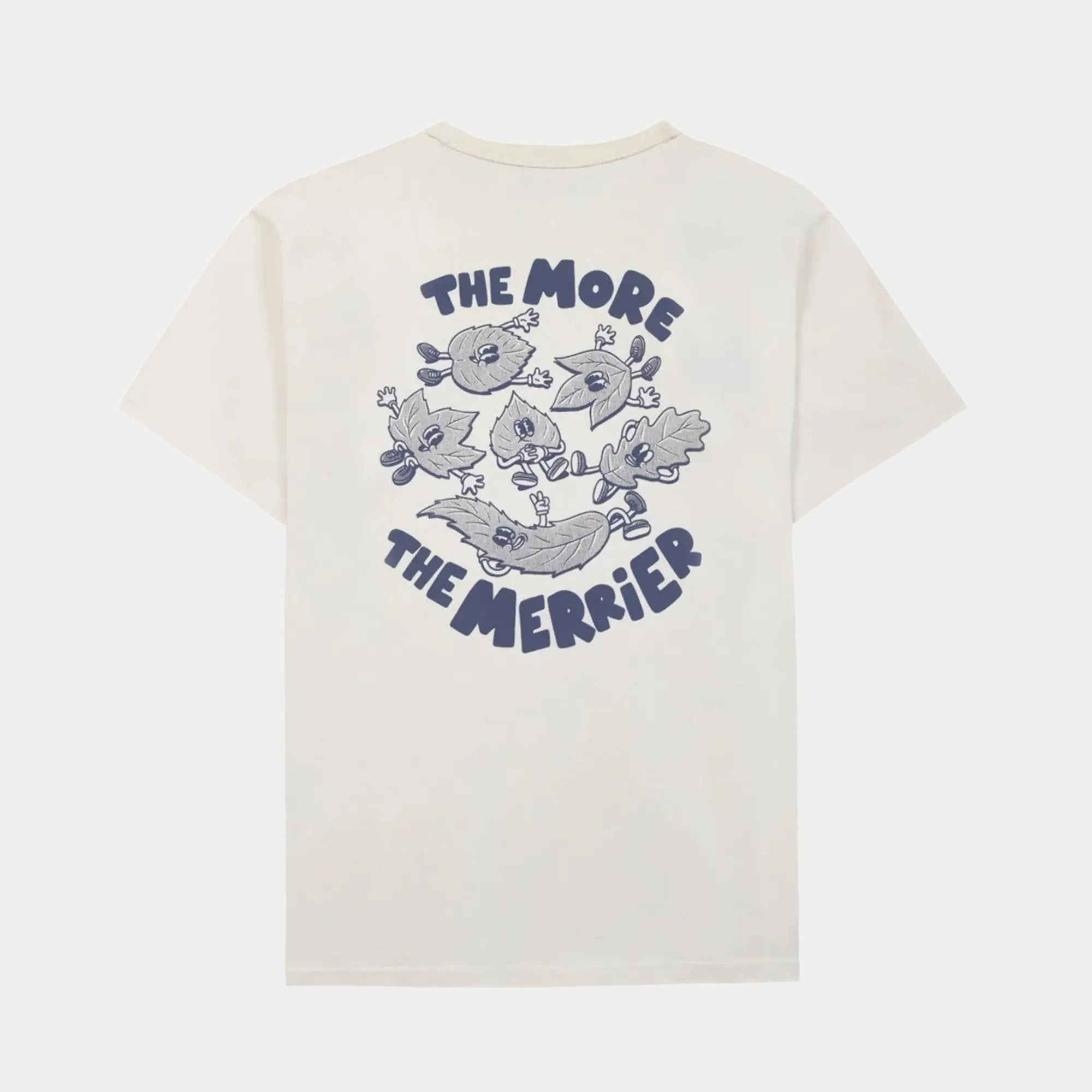 T-shirt Lugny écru Faguo à plat, dos : sérigraphie The More The Merrier et feuilles bleu marine