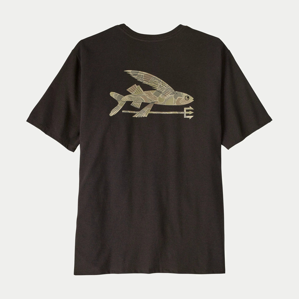 Dos du T-shirt Flying Fish Den Brown Patagonia : poisson volant sur trident sérigraphié en camo kaki et beige