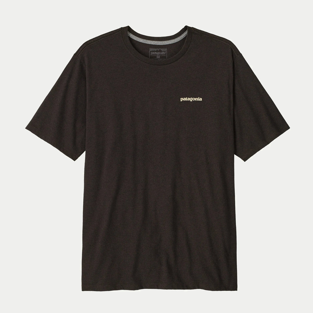 T-shirt Flying Fish Responsibili-Tee Den Brown Patagonia, à plat de face, lettrage patagonia écru sur la poitrine